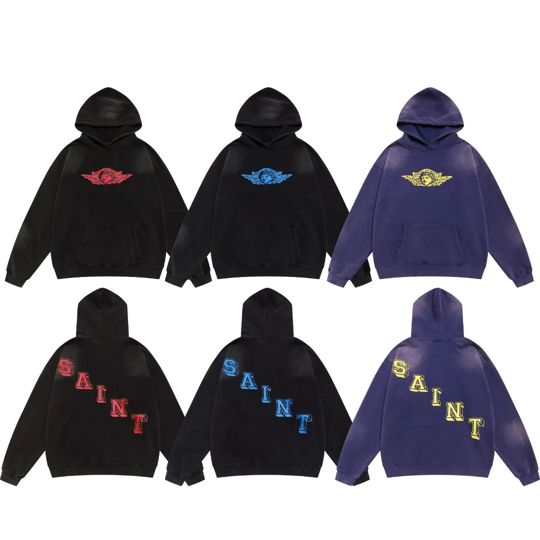 SAINT Michael retro angel print loose heavyweight washed distressed casual vintage hoodie sweatshirt top Fabric: 420g Style number: SM631 Size: S-M-L-XL Color: black and red-black and blue-blue and yellow Price: P236